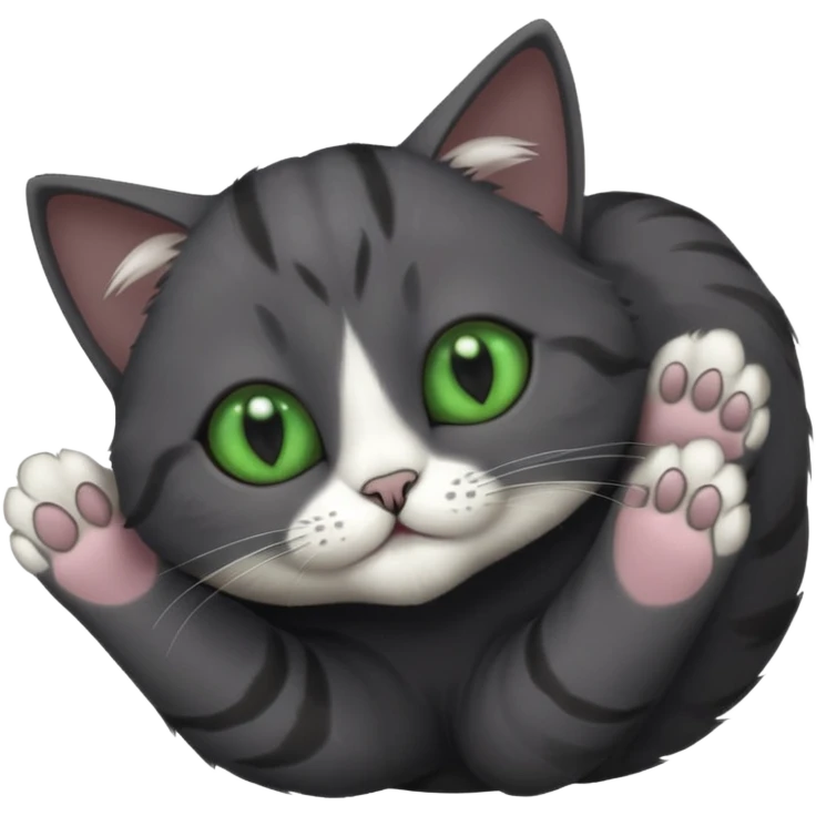 solid dark grey cat with green eyes, completely solid grey face, white toes/paws playing rolling upside down emoji