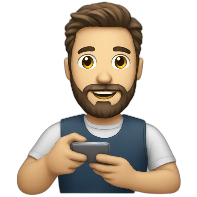 man with beard holding a phone emoji