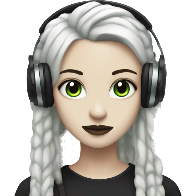 Goth girl with white skin, with green eyes, with black dreadlocks, with purple headphones  emoji