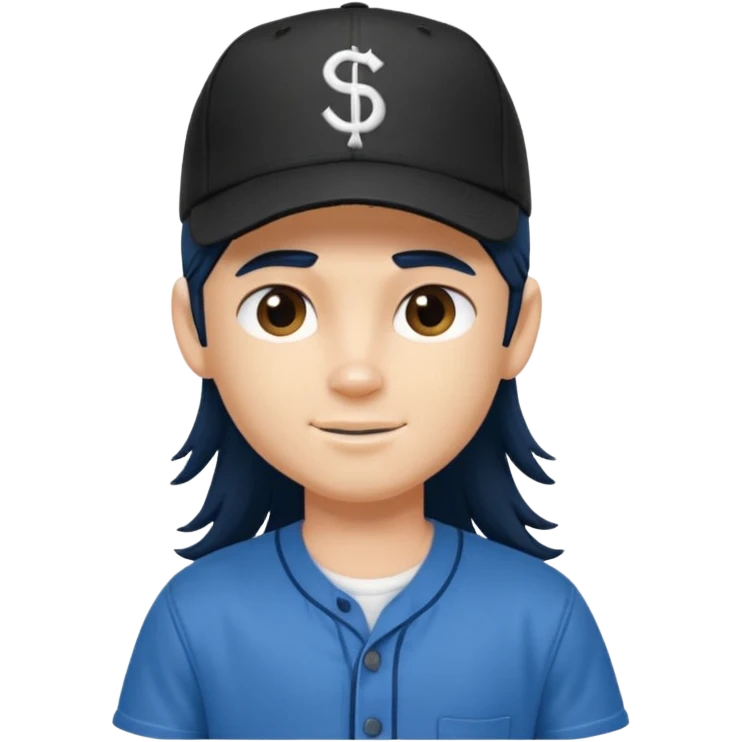generate a pretty bratz boy wearing a dark blue button up shirt, long black mullet hair. Matching blue baseball cap on head. smirking emoji