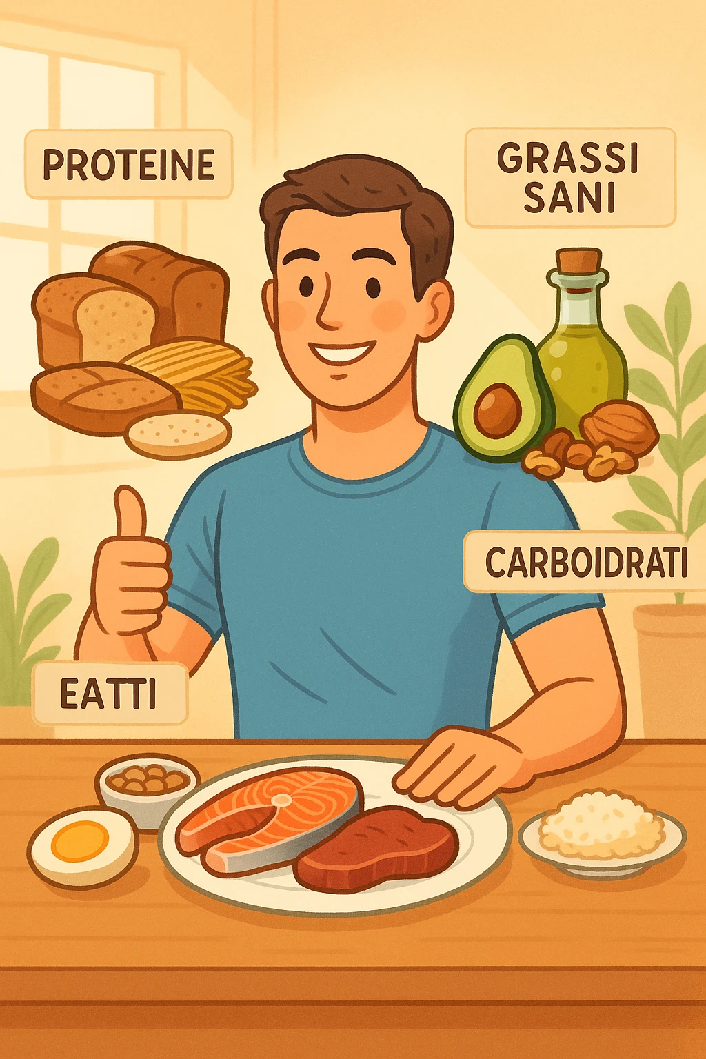uomo che fa alimentazione attraverso i giusti macronutrienti. Scritte in ITALIANO emoji