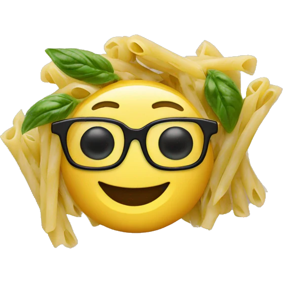 pasta with pesto and a smiley young man with glasses emoji