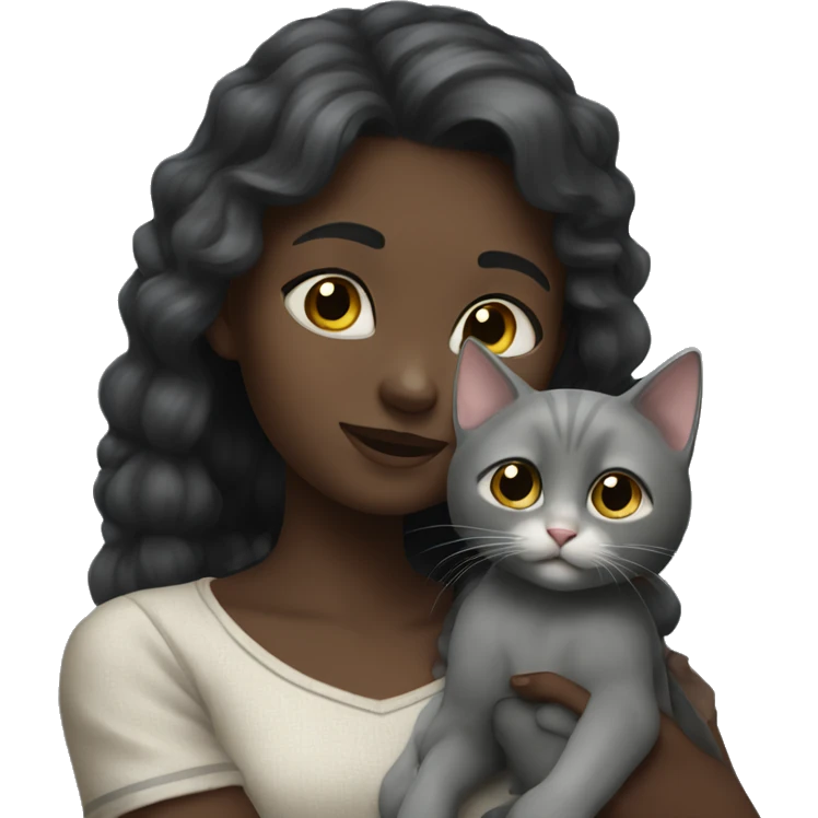 dark girl hugs a gray kitten with a bow emoji