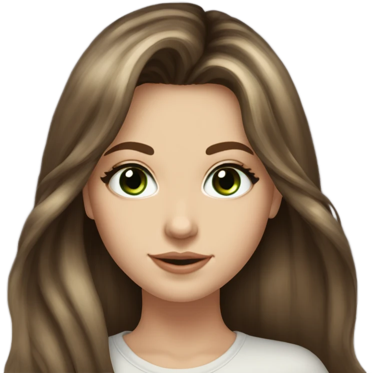 White girl green eyes with very long length voluminous brown hair with brown highlights balayage bangs emoji