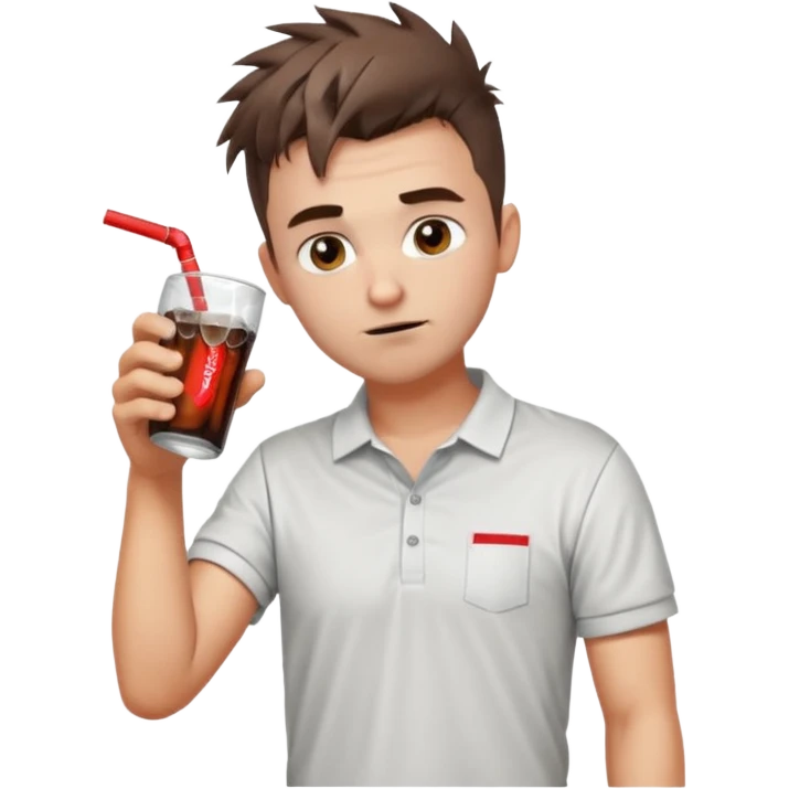 Handsome male.short messy brown hair.mowhawk hairstyle. wearing white golf shirt.grey shorts. Drinking coke . Drunk emoji