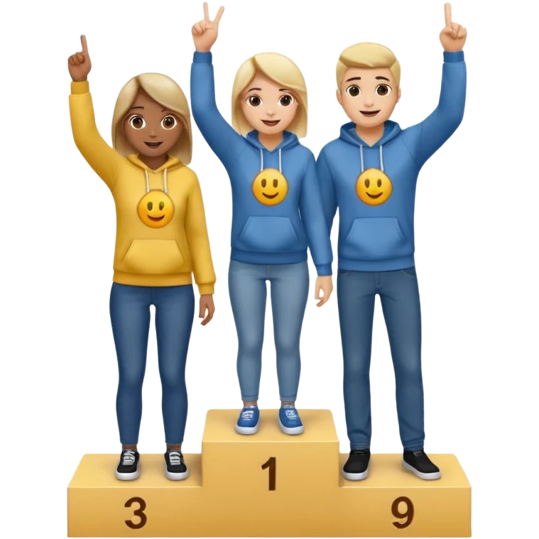 three people standing on a winners podium with no label, middle podium slightly higher, each person on their own step, dressed casually in fun relaxed clothes like jeans t-shirts hoodies, person in center holding up one finger on each hand showing they are number one, cheerful expressive emoji style emoji