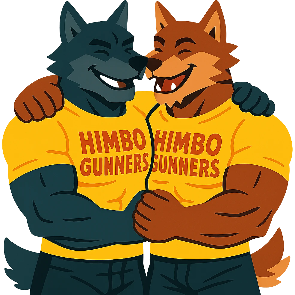 two buff wolf furries wearing matching 'Himbo gunners' t-shirts, hugging, happy and confident emoji