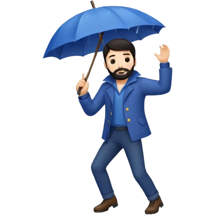 A dark-haired boy with a white beard dancing with an umbrella in the rain emoji