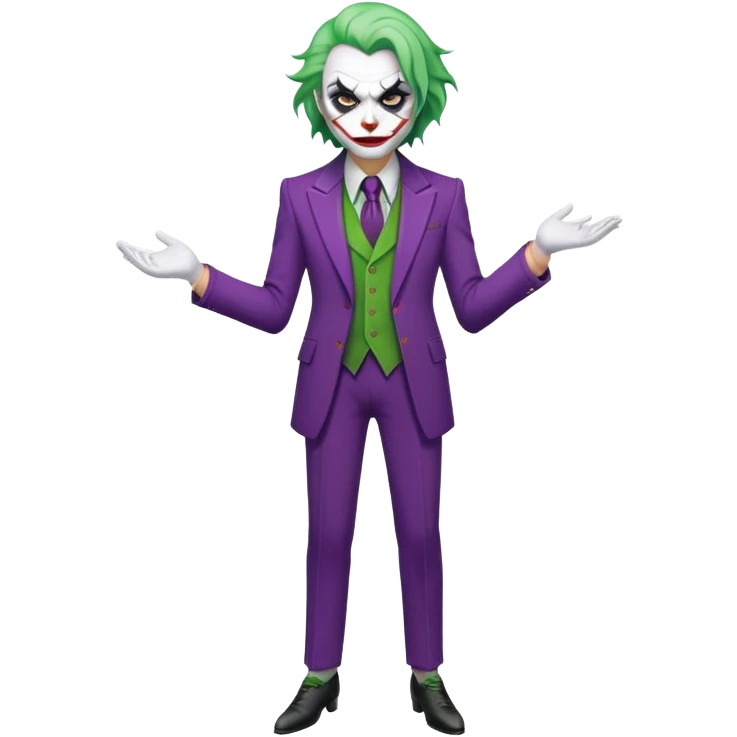 The Joker villain character full body with green hair, purple suit, white face, red lips emoji
