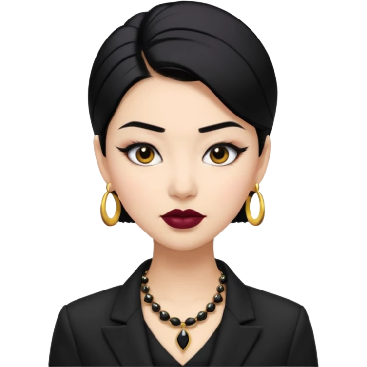 “Emoji girl, sculpted contour, bold dark lipstick, defined brows, sharp eyeliner, sleek black hair updo, statement necklace, black blazer.” emoji