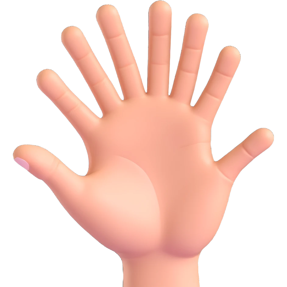 3D apple emoji style hand, all five fingers pointing directly at the viewer, palm forward, as if inviting interaction emoji