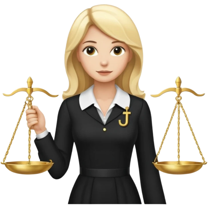 woman lawyer blanche et blonde habillée avec une longue robe noire et un col blanc, avec la balance de la justice derrière elle emoji