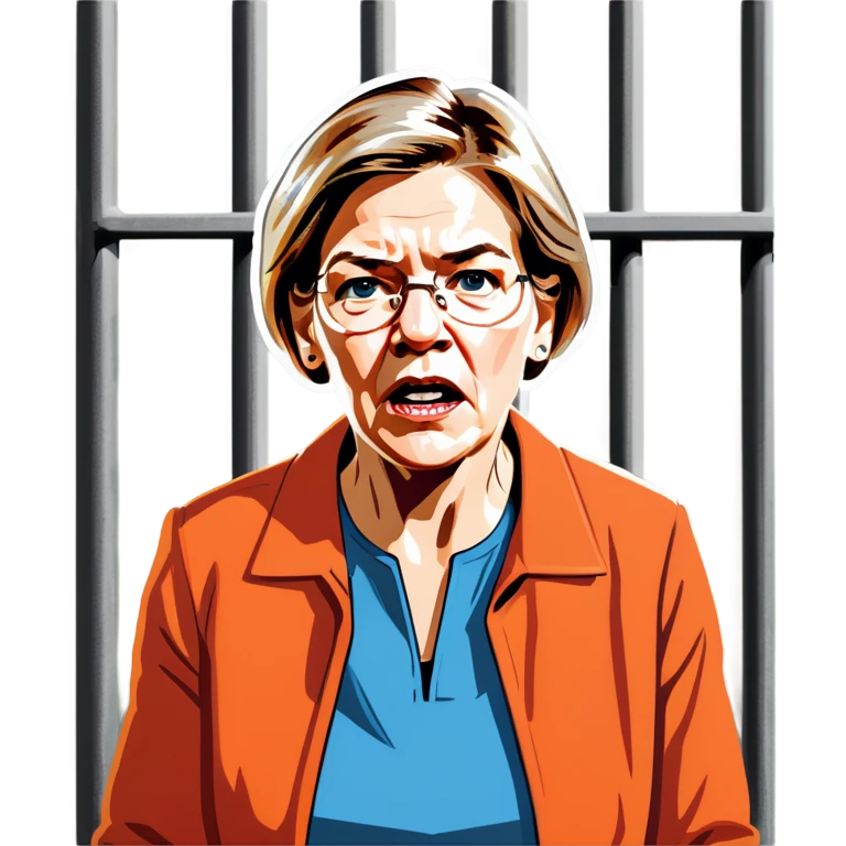 Make a picture of Senator Elizabeth Warren wearing an orange jumpsuit and behind bars make her look worried extremely worried like she just got sentenced more realistic emoji