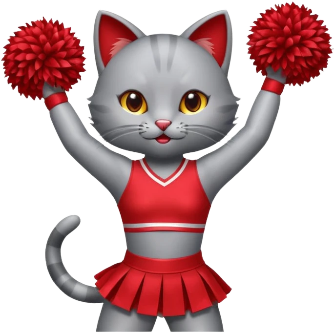 A sleek grey cat cheerleader twirling pom-poms with confident energy. emoji