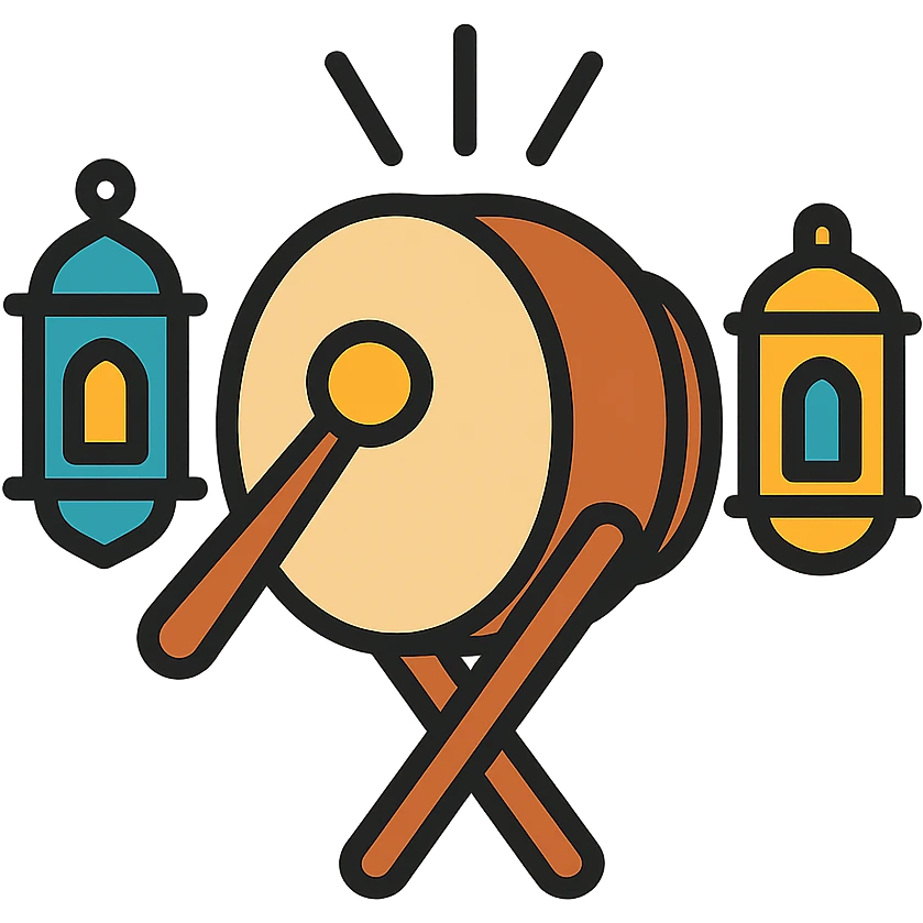 colorful icon of a drum with sound waves and Ramadan lanterns, representing 'tung tung tung sahur' emoji