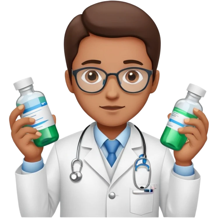 Pharmacist in white lab coat with medicine bottles and prescription pad emoji