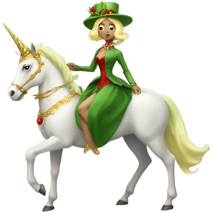 "galora green blonde alien woman" in red Victorian elegant dress, full body, rides unicorn gold and white
 emoji