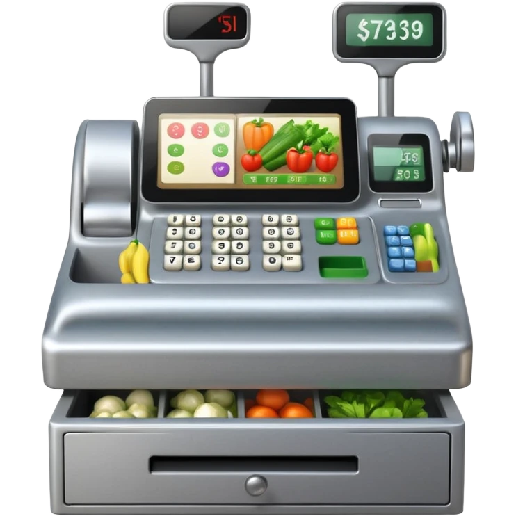 Front-facing cash register with symbol keys for vegetables emoji