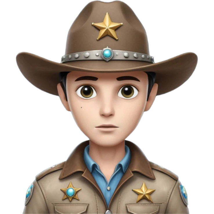 Close-up portrait of a classic grey alien cowboy, large black eyes, smooth pale skin, wearing a worn leather cowboy hat and futuristic sheriff badge, dramatic side lighting, shallow depth of field, ultra detailed skin texture, cinematic western sci-fi style
 emoji