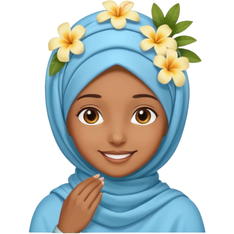 brown-skinned girl with a light blue hijab and a small tropical flower on her head, smiling emoji