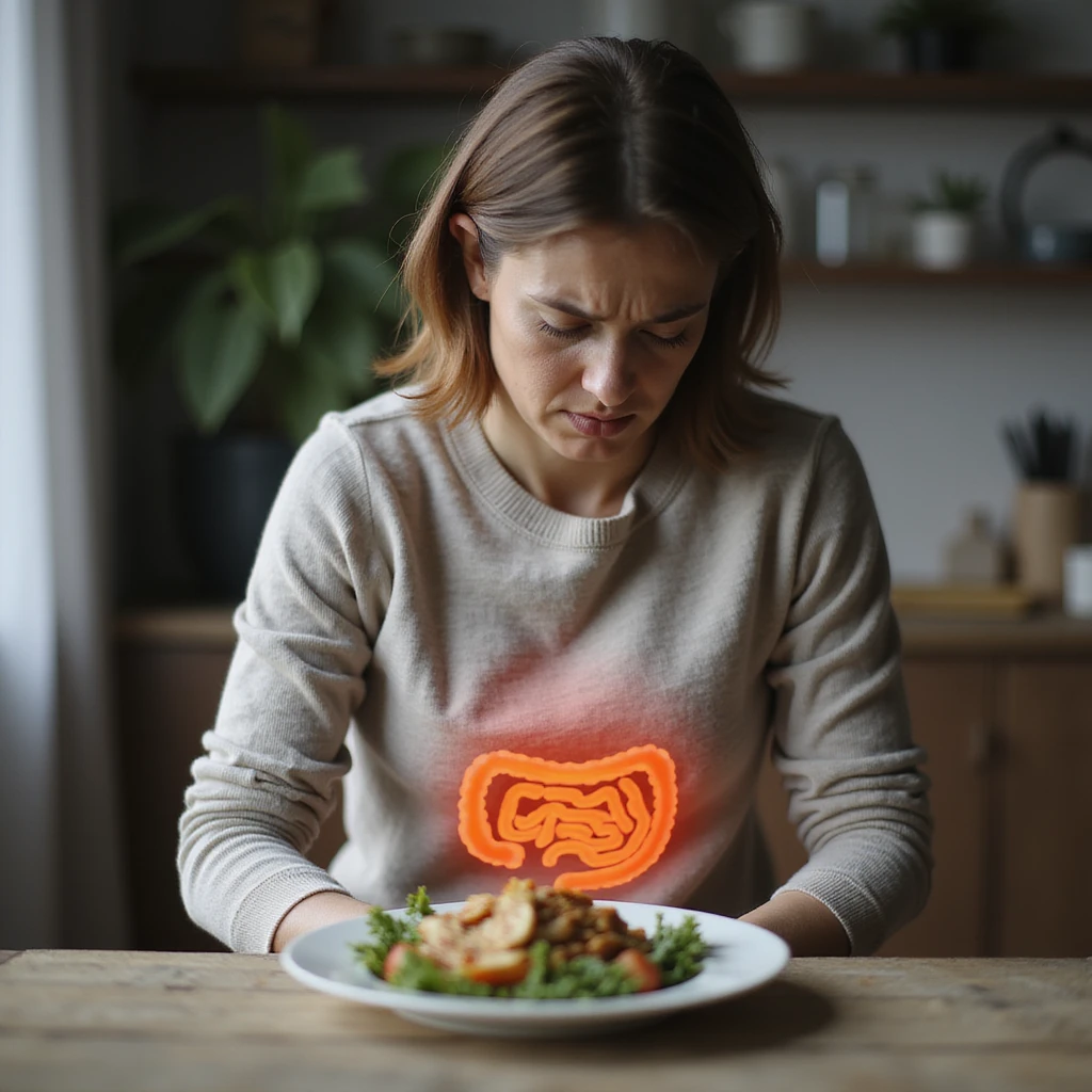 adult woman, photorealistic, intestinal pain, sitting at table with diet food plate, intestine highlighted, suffering expression, natural light, kitchen background emoji