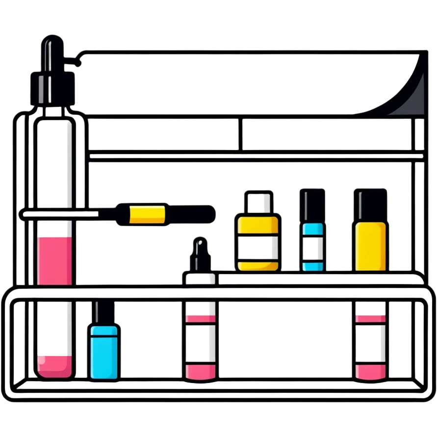 big long white shelf with one serum bottle labeled beauty brand and big sticky note emoji