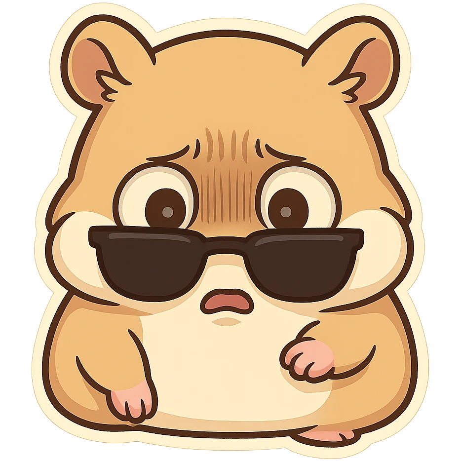 A hamster wearing sunglasses, the sunglasses have slipped down to the bottom of the eyes, the hamster lowered his head, his eyes were dull, terrified, and his face was full of disbelief emoji