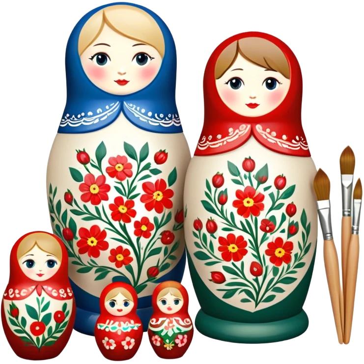 Russian nesting dolls (matryoshka) painting icon, several dolls of different sizes being hand-painted with traditional floral patterns, paintbrushes, small pots of paint, and carving tools nearby, visible process of decoration, minimalistic style, clean lines, transparent background. emoji