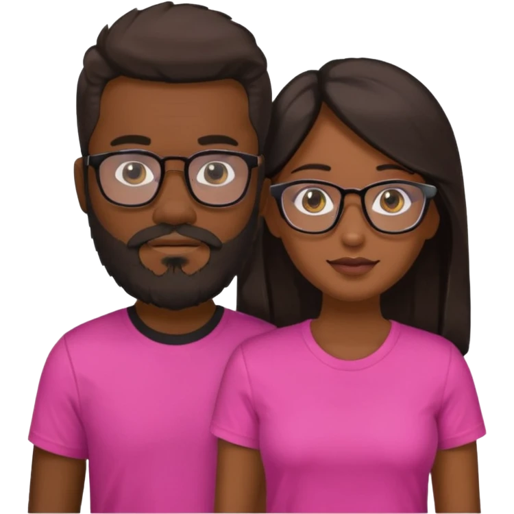 pareja el moreno con barba y gafas  , camiseta negra y ella pelo moreno camiseta rosa y pelo largo emoji