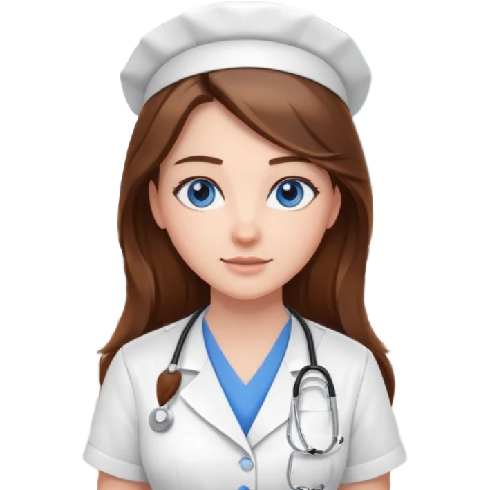 inside a classroom at university, a pretty female nursing student with long brown hair, blue eyes emoji