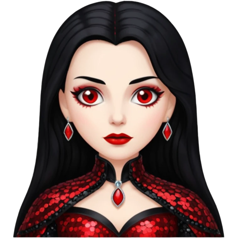 Countess Dracula from Universal Monsters with long jet black hair, black and red sequin outfit  emoji