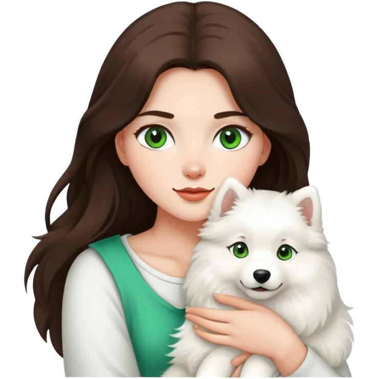 A brunette girl with long hair and green eyes holding a samoyed  emoji
