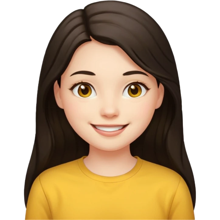 girl on a laptop, long dark hair white skin and yellow shirt long sleeves, smiling emoji