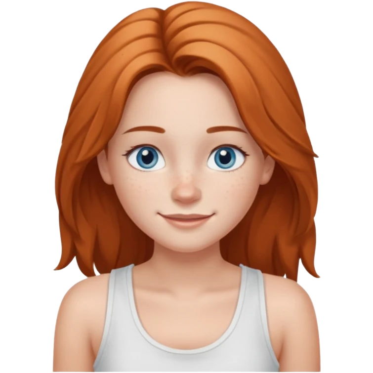 Una chica de tez blanca con pecas, nariz respingada, labios gruesos, ojos grandes color azul grisáceo, pelo largo, lacio, color avellana. Con una blusa de tirantes blanca. Que este sonriendo y q solo se vea de la cintura hacía arriba emoji