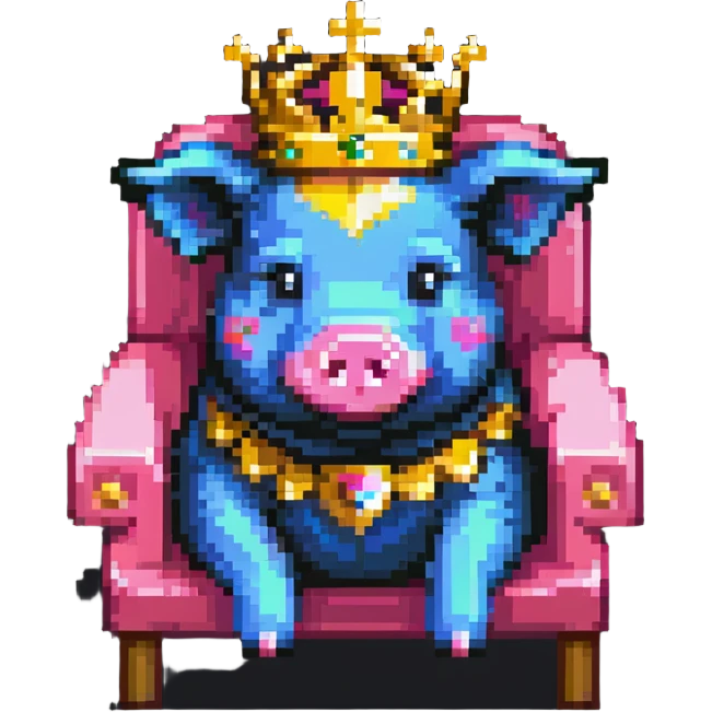cartoon-like pixel art pig with a golden crown sitting on a throne, blocky and square like Minecraft, styled to look like LEGO Duplo blocks, chunky, colorful, simple emoji