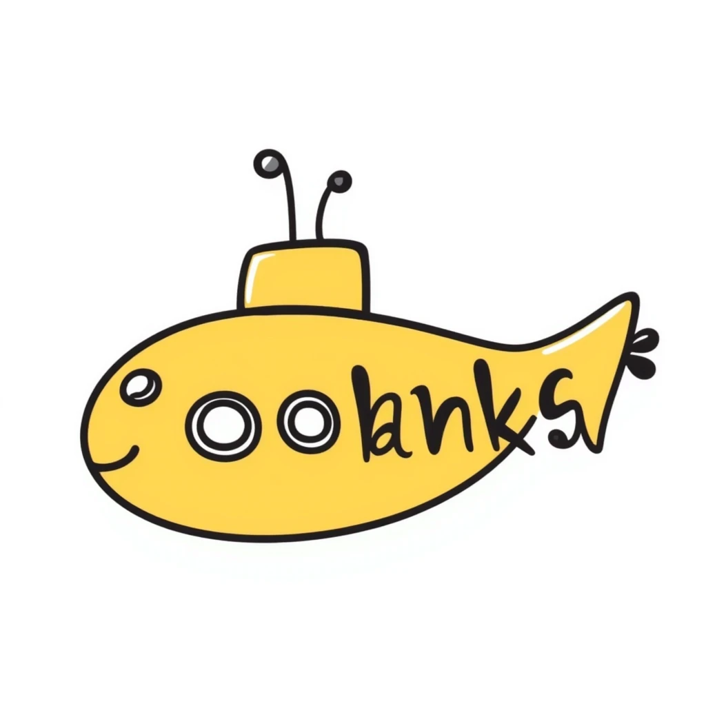 yellow submarine with the word 'thanks' on it, hand-drawn doodle style emoji