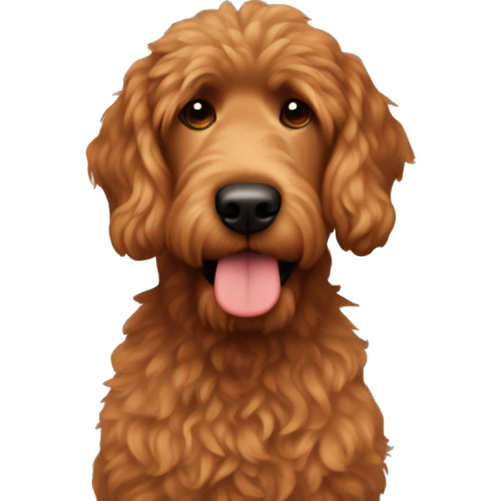 Brown man with straight hair and a red goldendoodle emoji