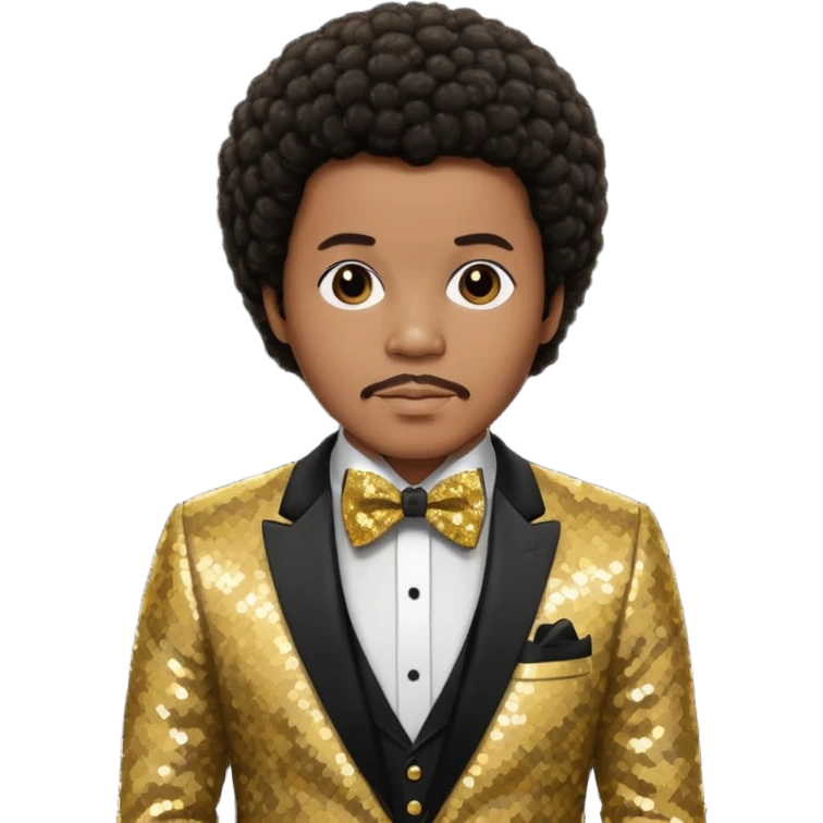 Quincy Jones with dark brown short afro hair, gold sequin suit with bow tie  emoji