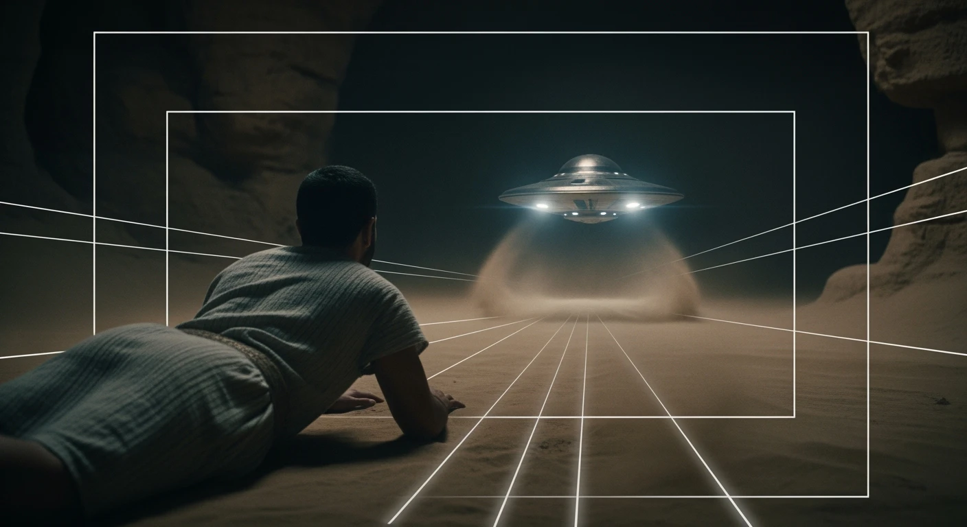 cinematic still, documentary photography, acient egypt, back shot of a man in cave (frame in frame effect) on ground laying front of ufo starship, sand flying around, dynamic scane, leading lines, captured by arri alexa emoji