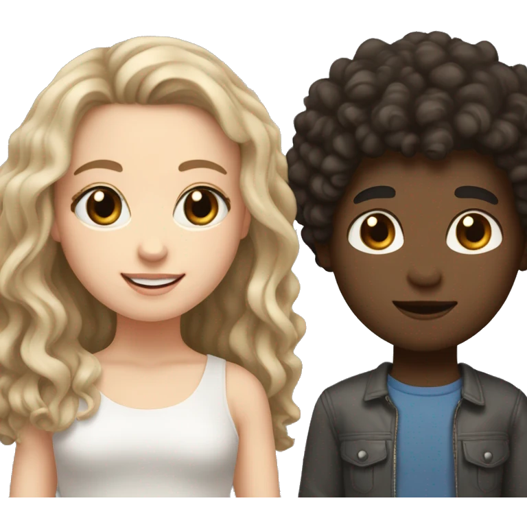 A white girl with dark blonde hair, grey eyes and shorter with her boy best friend who has brown skin, curly Afro dark hair and brown eyes who is taller  emoji