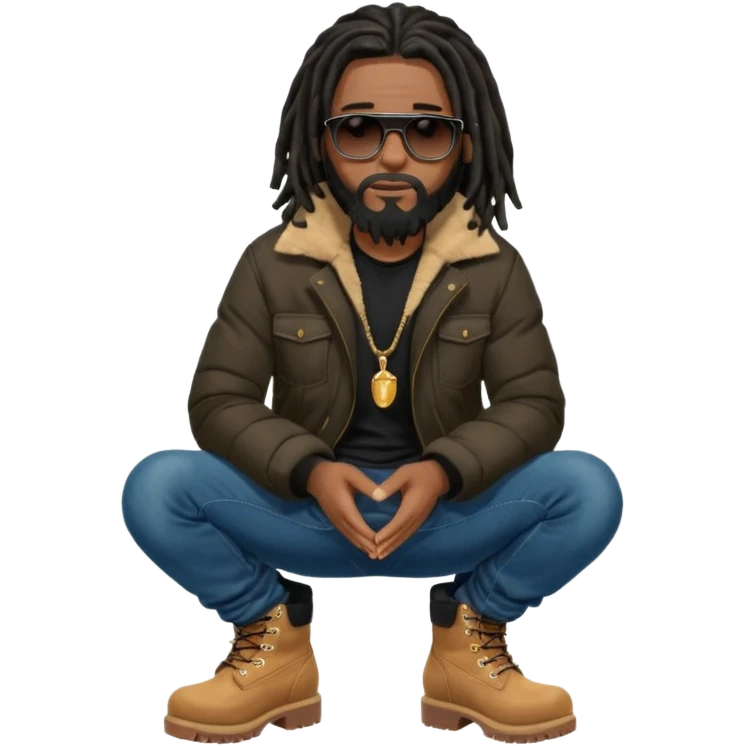 African American man with shoulder length black dreadlocks with black beard wearing black sunglasses wearing a black bubble winter coat  wearing denim skinny jeans and timberland boots praying on knees emoji