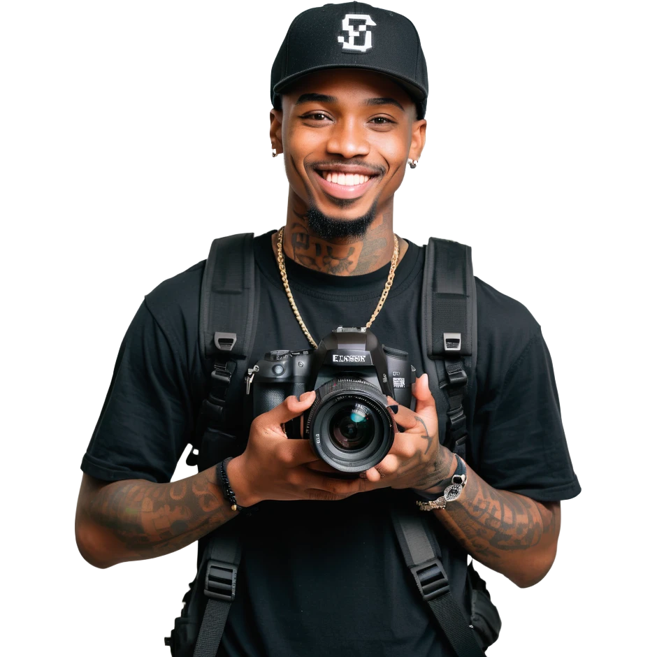 Young African cinematographer with tattoo-covered arms, wearing all black clothing and a baseball cap, holding a DSLR camera. Has dark brown eyes, a bright smile, and a small goatee. emoji