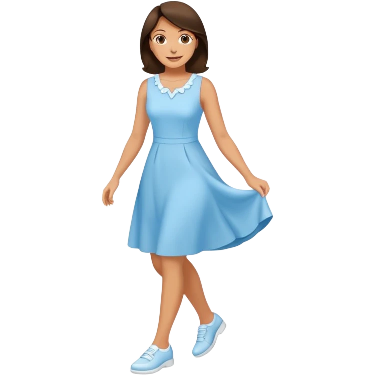 Happy Brunette woman in light blue dress, white shoes emoji