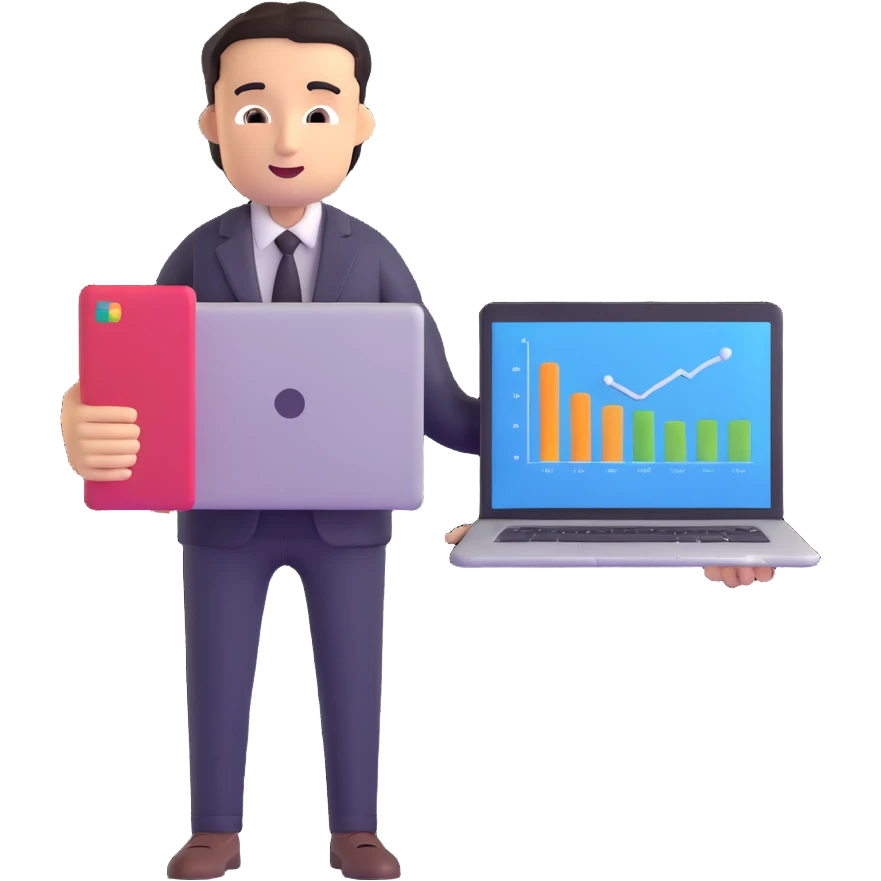 successful entrepreneur with laptop and business chart emoji