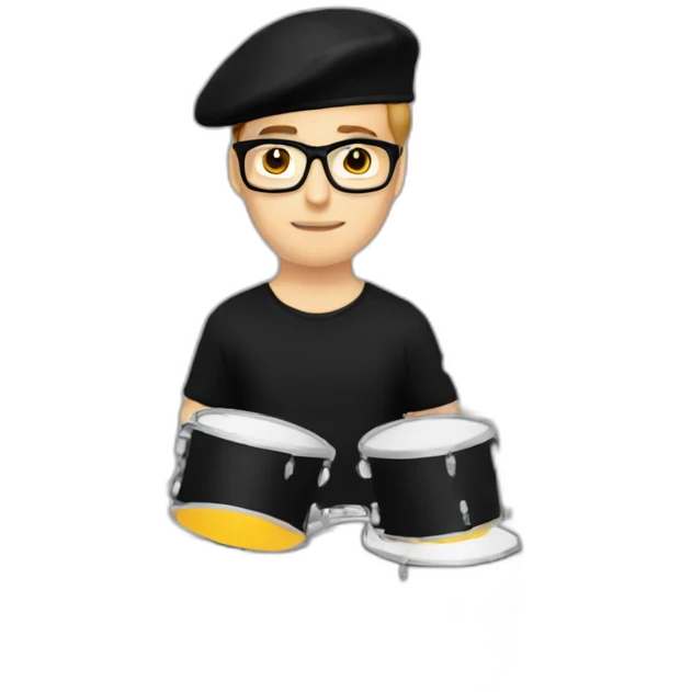male drummer, caucasian, with a black beret, glasses, and black t-shirt emoji