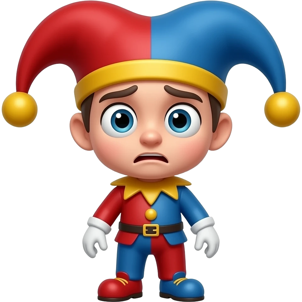 Pomni She looks like a small cartoon jester with a red and blue outfit, a two pointed jester hat with yellow tips, large wide eyes, a pale face, white gloves, and red and blue shoes. She usually looks nervous or scared. emoji