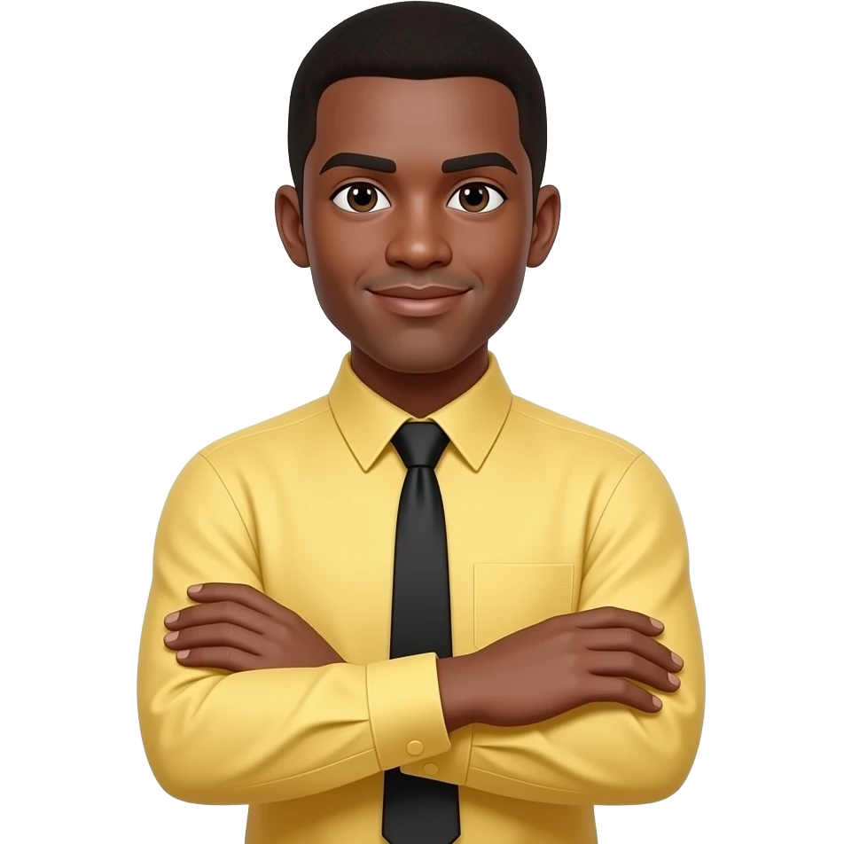 brown skinned man wearing a yellow long-sleeved dress shirt and black tie with his arms crossed emoji