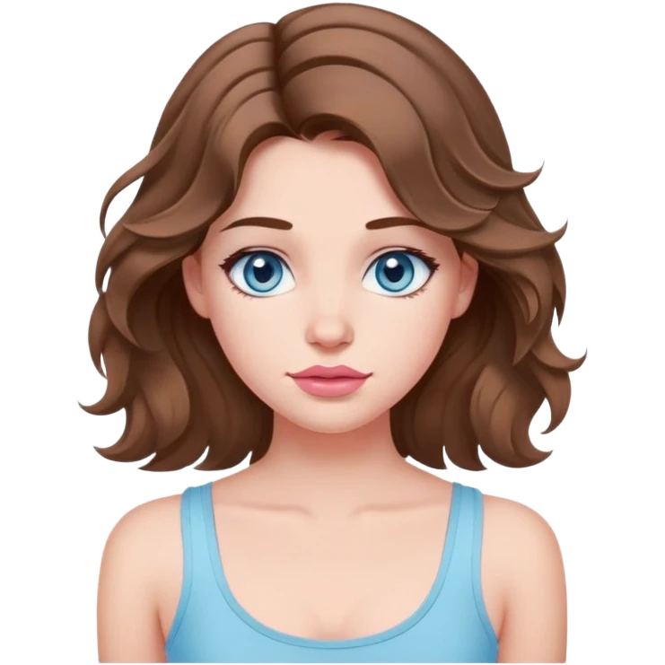 A girl with brown wavy hair below her shoulders, in a light blue tank top with thin straps, with plump delicate pink lips and gray-blue eyes. emoji