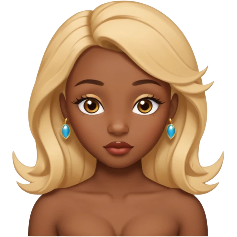 darkskin female with eyebrows that are naturally shaped and frame eyes well, eyes that are almond-shaped with defined lashes. nd lips are full with a defined cupid’s bow, add also a septum piercing that adds an edgy, stylish flair. a middle-part, honey blonde bust-down with laid baby hairs emoji