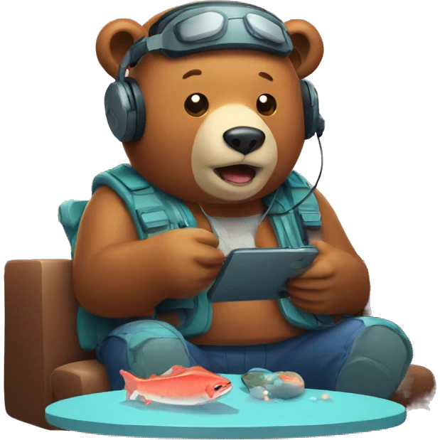 Bear wearing headset playing video game about catching salmon emoji